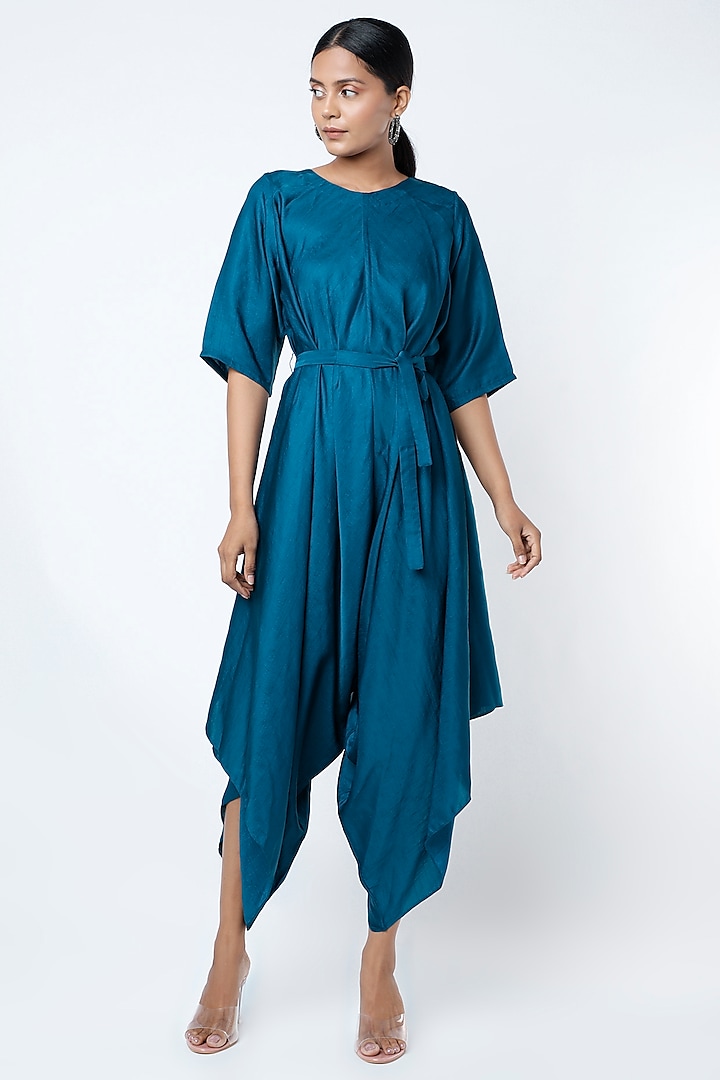 Teal Blue Jumpsuit With Belt by Harsh Harsh