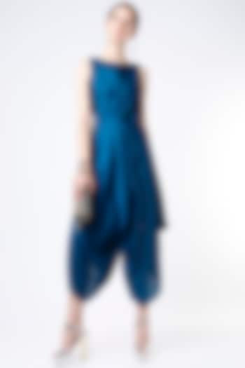 Teal Blue Dupion Silk Jumpsuit by Harsh Harsh