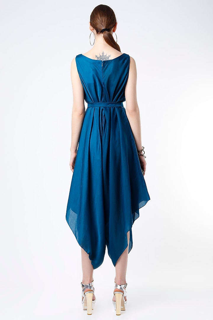 Teal Blue Dupion Silk Jumpsuit by Harsh Harsh at Pernia's Pop Up Shop