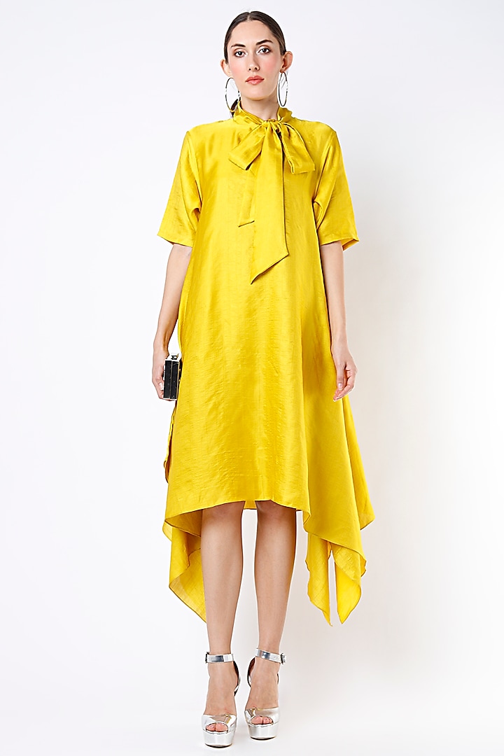 Acid Yellow Dupion Silk Dress by Harsh Harsh