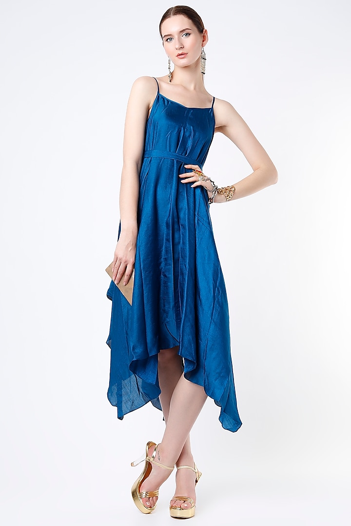 Teal Blue Dupion Silk High-Low Dress by Harsh Harsh