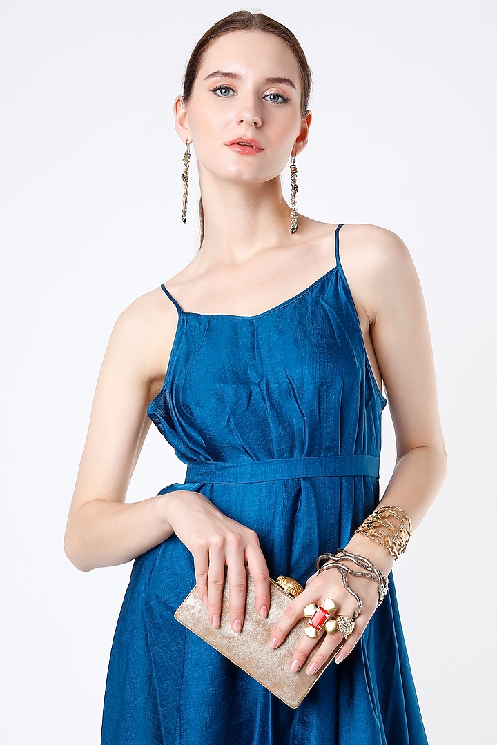Teal Blue Dupion Silk High-Low Vacation Dress by Harsh Harsh at Pernia's Pop Up Shop