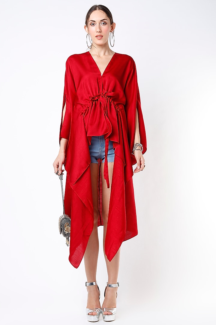 Bright Red Dupion Silk High-Low Top by Harsh Harsh