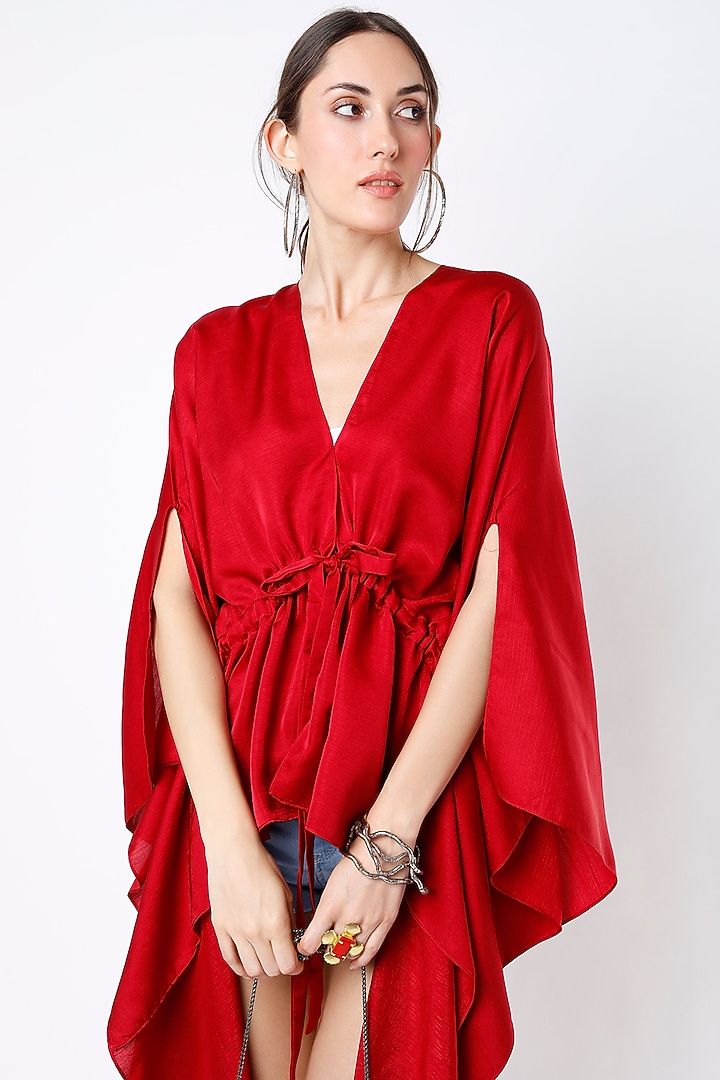 Bright Red Dupion Silk High-Low Top by Harsh Harsh at Pernia's Pop Up Shop