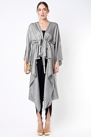 Light Grey Dupion Silk High-Low Top by Harsh Harsh