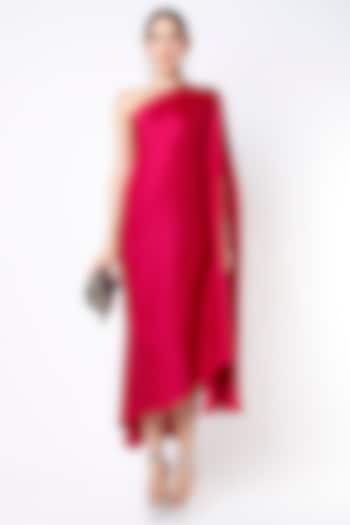 Neon Fuchsia Dupion Silk One-Shoulder Dress by Harsh Harsh at Pernia's Pop Up Shop