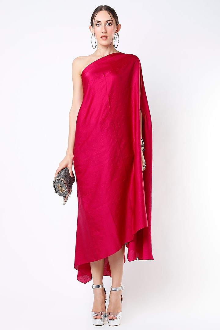 Neon Fuchsia Dupion Silk One-Shoulder Dress by Harsh Harsh at Pernia's Pop Up Shop