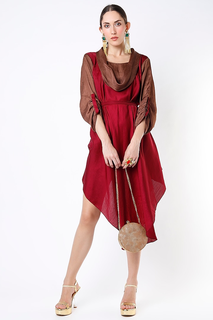 Cayenne Red & Coffee Brown Cowl Dress by Harsh Harsh