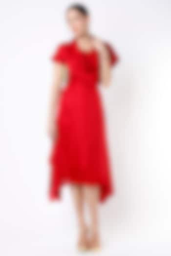 Bright Red Dupion Silk Cowl Dress by Harsh Harsh