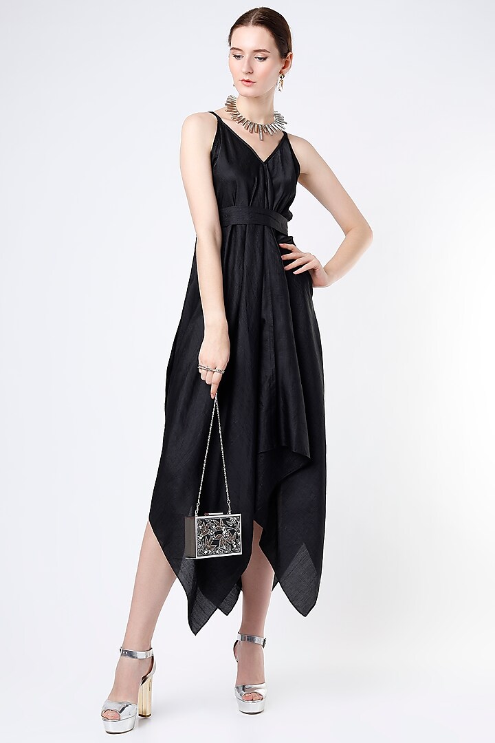 Black Dupion Silk Handkerchief Dress by Harsh Harsh