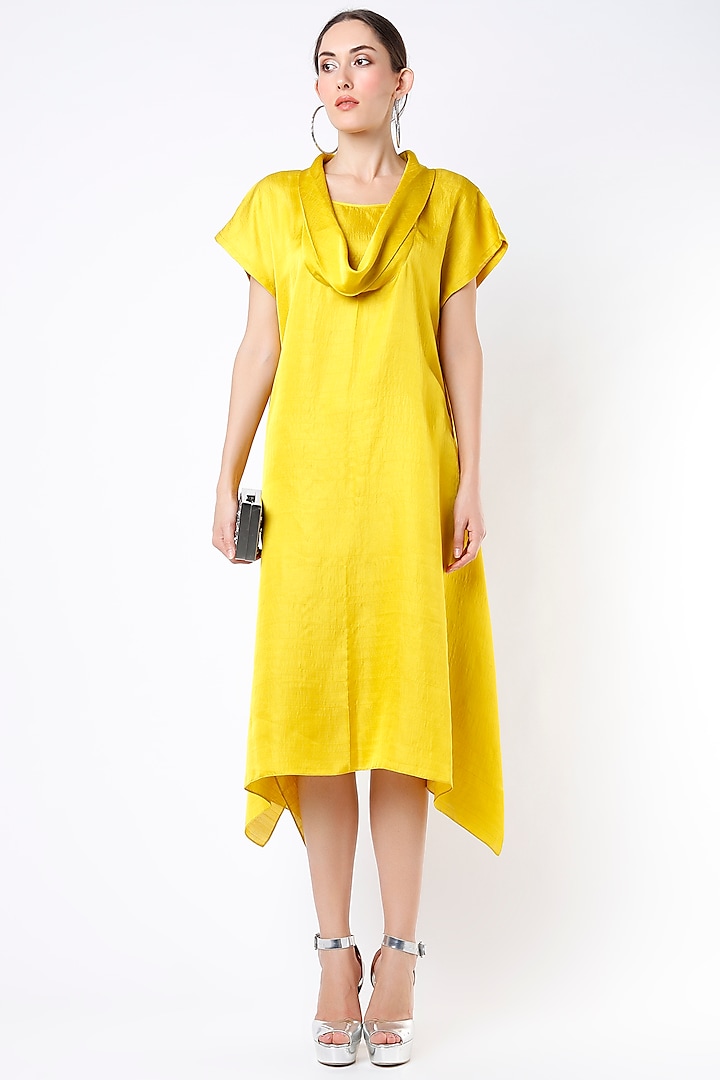 Acid Yellow Dupion Silk Cowl Dress by Harsh Harsh at Pernia's Pop Up Shop