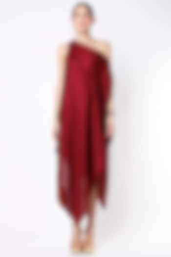 Maroon Dupion Silk One-Shoulder Dress by Harsh Harsh
