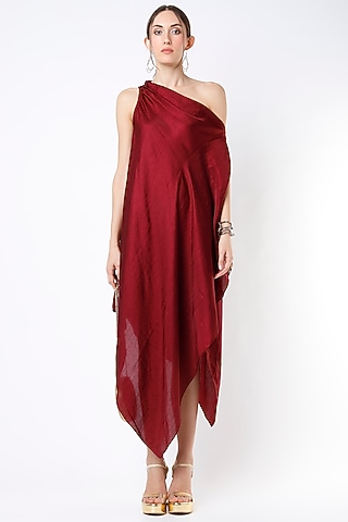 Maroon Dupion Silk One-Shoulder Dress by Harsh Harsh