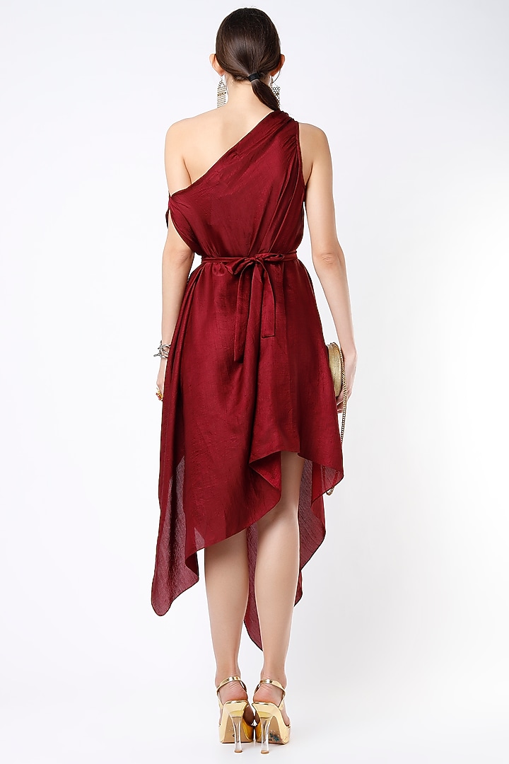 Maroon Dupion Silk One-Shoulder Vacation Dress by Harsh Harsh at Pernia's Pop Up Shop