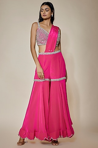 Pink Crepe Sharara Set by HOUSE OF MAANSHREE