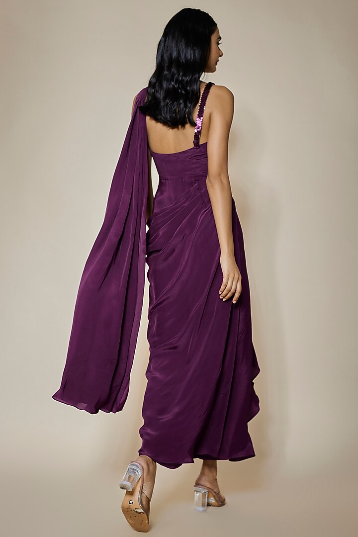 Wine Crepe Floral & Sequins Embroidered Party Wear Gown Saree by HOUSE OF MAANSHREE at Pernia's Pop Up Shop