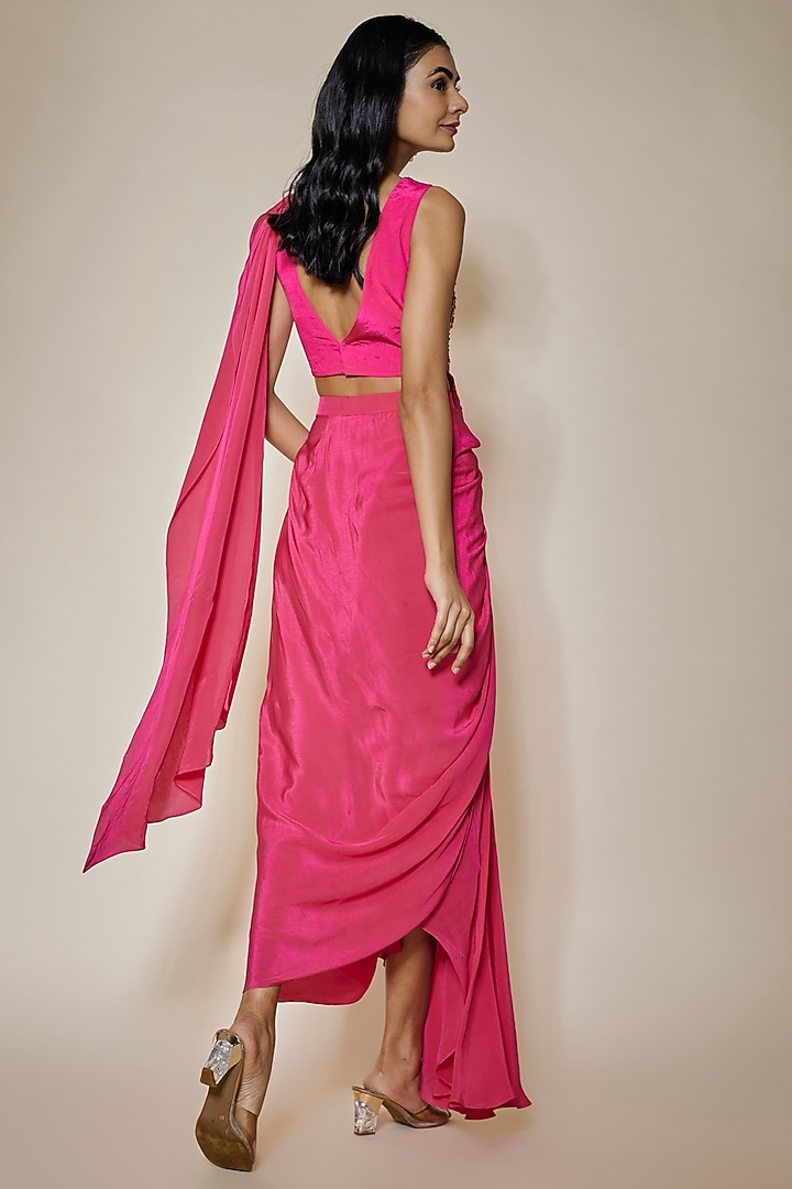 Pink Crepe Draped Party Wear Saree Set by HOUSE OF MAANSHREE at Pernia's Pop Up Shop