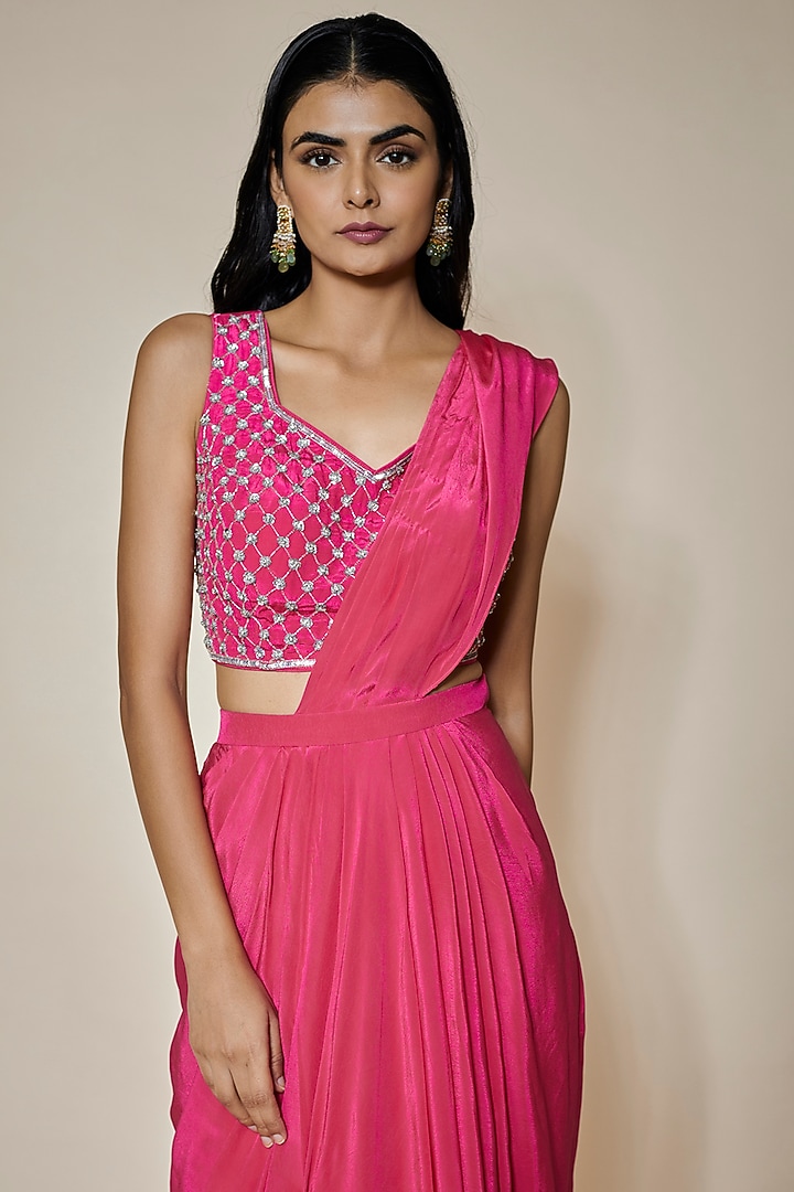 Pink Crepe Draped Party Wear Saree Set by HOUSE OF MAANSHREE at Pernia's Pop Up Shop