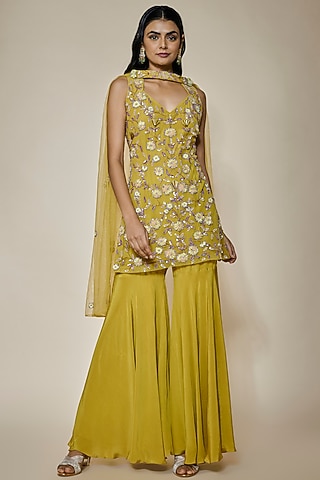 Yellow Crepe Sharara Set by HOUSE OF MAANSHREE