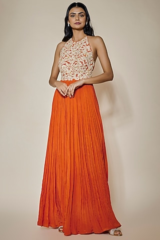 Orange Crepe Hand Embroidered Anarkali by HOUSE OF MAANSHREE