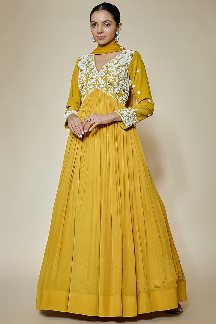 Yellow Crepe & Net Thread Embroidered Anarkali Set by HOUSE OF MAANSHREE