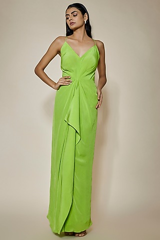 Green Crepe Draped Dress by HOUSE OF MAANSHREE