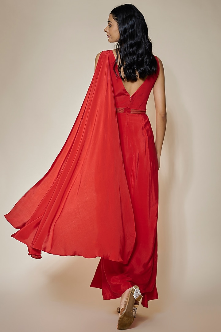Red Crepe & Net Sequins Embroidered Draped Party Wear Gown Saree by HOUSE OF MAANSHREE at Pernia's Pop Up Shop