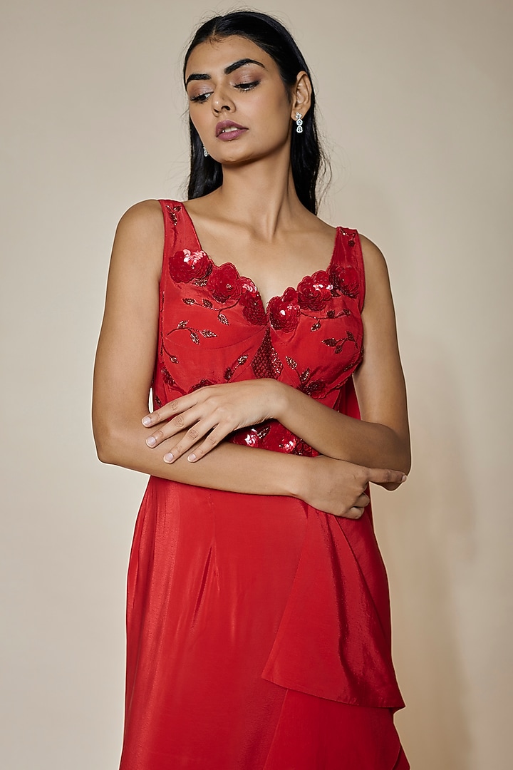 Red Crepe & Net Sequins Embroidered Draped Party Wear Gown Saree by HOUSE OF MAANSHREE at Pernia's Pop Up Shop