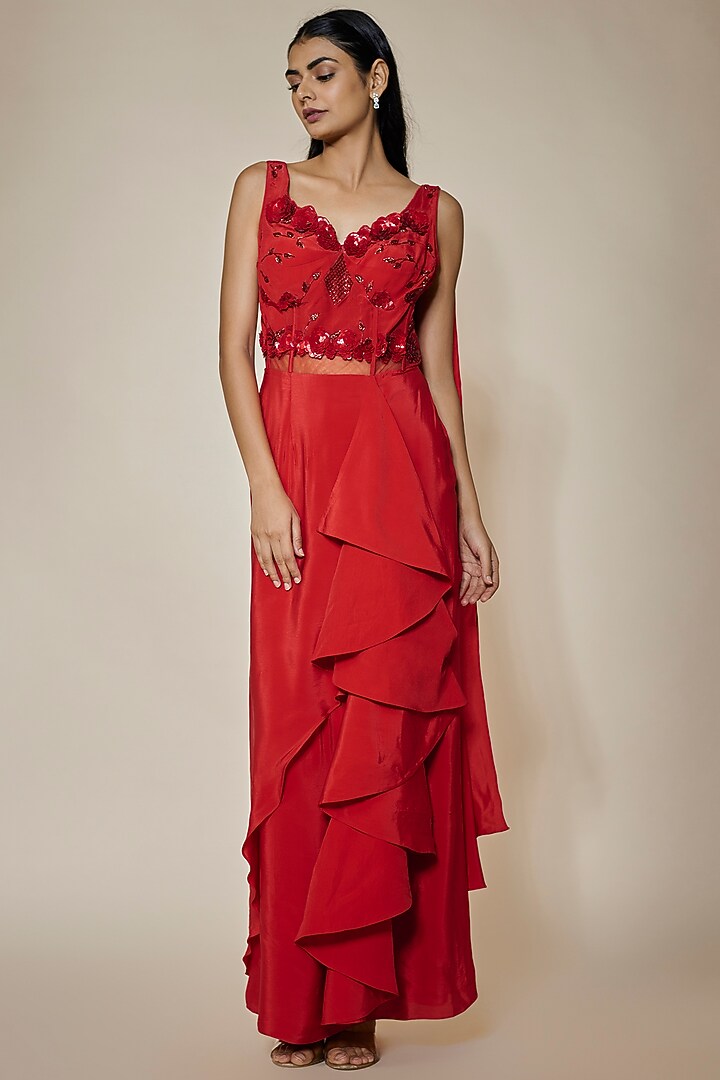 Red Crepe & Net Sequins Embroidered Draped Party Wear Gown Saree by HOUSE OF MAANSHREE at Pernia's Pop Up Shop