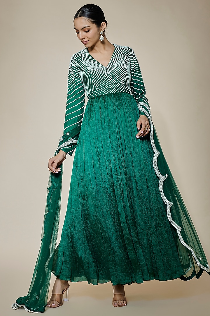 Green Crushed Silk & Net Pearl Embroidered Anarkali Set by HOUSE OF MAANSHREE