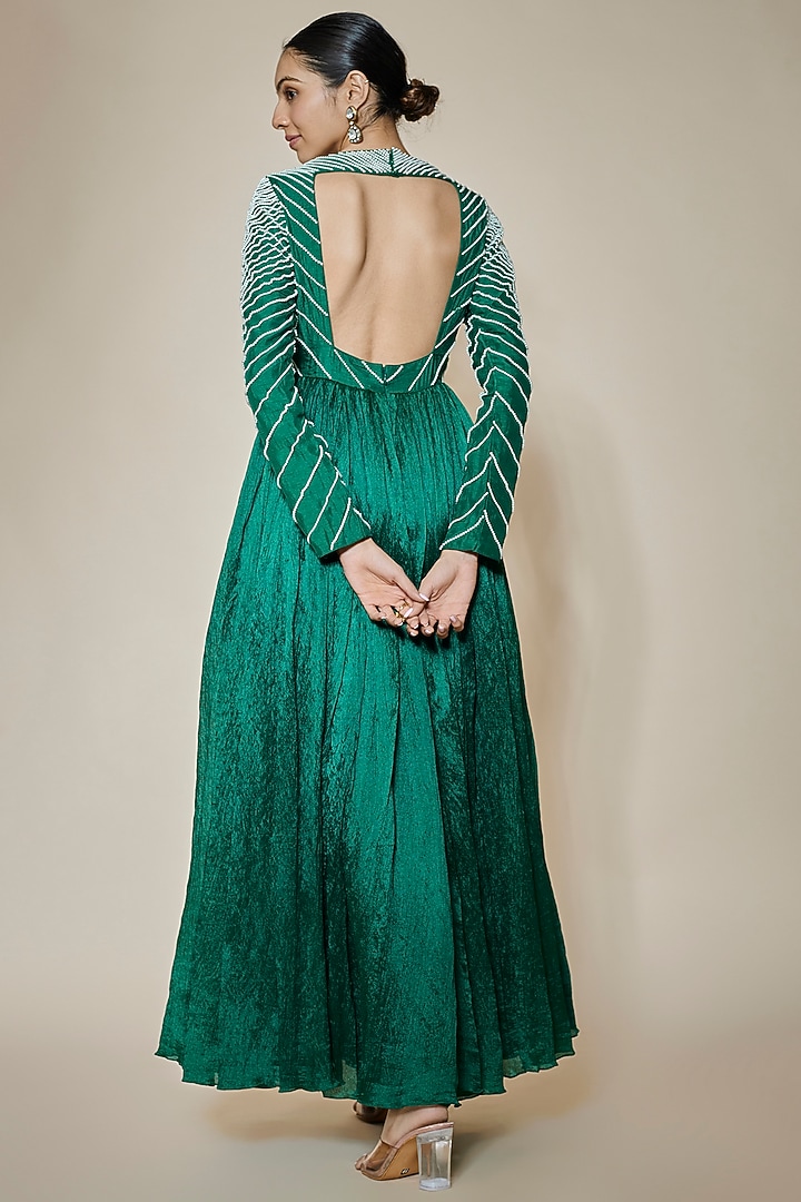 Green Crushed Silk & Net Pearl Embroidered Wedding Anarkali Set by HOUSE OF MAANSHREE at Pernia's Pop Up Shop