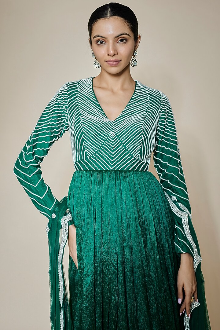 Green Crushed Silk & Net Pearl Embroidered Wedding Anarkali Set by HOUSE OF MAANSHREE at Pernia's Pop Up Shop