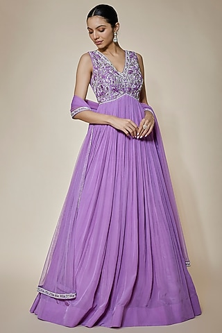 Lavender Crepe & Net Moti Embroidered Anarkali Set by HOUSE OF MAANSHREE