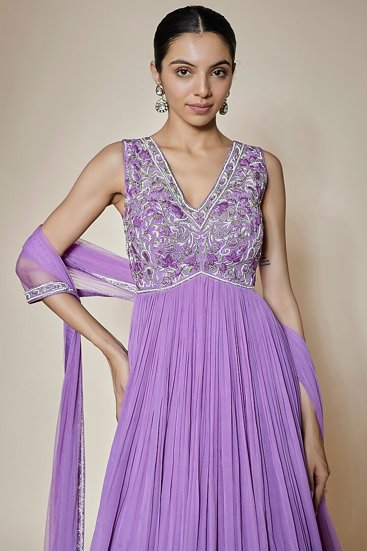 Lavender Crepe & Net Moti Embroidered Wedding Anarkali Set by HOUSE OF MAANSHREE at Pernia's Pop Up Shop