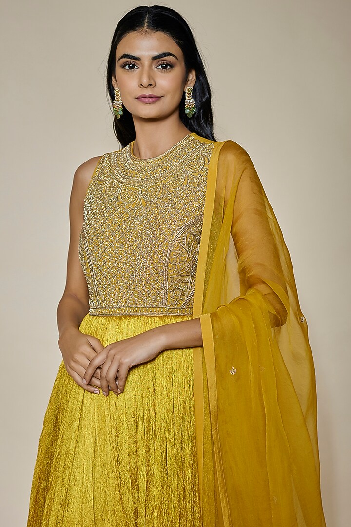 Yellow Crushed Silk & Organza Dabka Embroidered Wedding Anarkali Set by HOUSE OF MAANSHREE at Pernia's Pop Up Shop