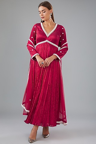 Pink Silk Pearl Embroidered Anarkali Set by HOUSE OF MAANSHREE