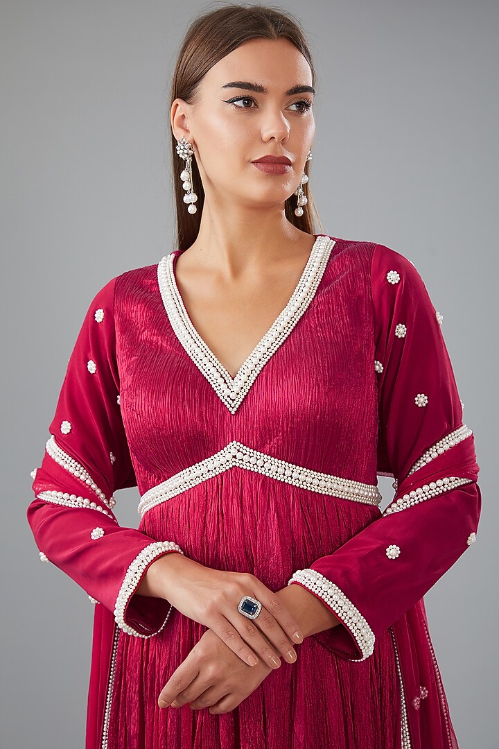 Pink Silk Pearl Embroidered Party Wear Anarkali Set by HOUSE OF MAANSHREE at Pernia's Pop Up Shop