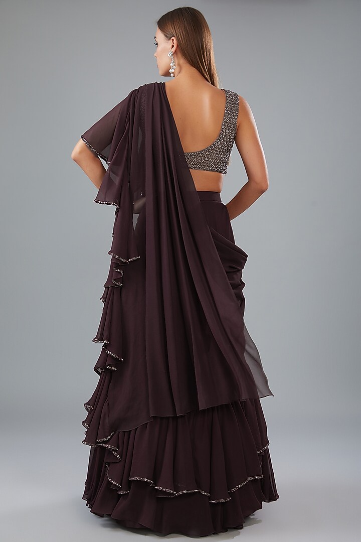 Wine Georgette Hand Embroidered Draped Wedding Saree Set by HOUSE OF MAANSHREE at Pernia's Pop Up Shop