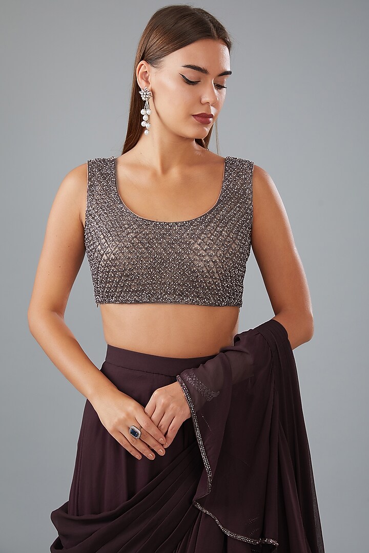 Wine Georgette Hand Embroidered Draped Wedding Saree Set by HOUSE OF MAANSHREE at Pernia's Pop Up Shop