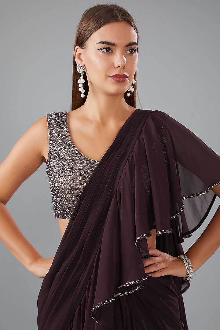 Wine Georgette Hand Embroidered Draped Wedding Saree Set by HOUSE OF MAANSHREE at Pernia's Pop Up Shop
