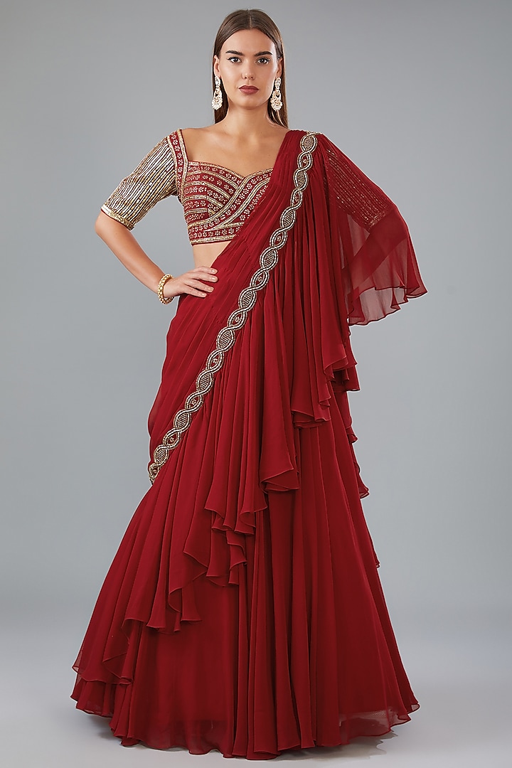 Red Georgette Hand Embroidered Skirt Saree Set by HOUSE OF MAANSHREE