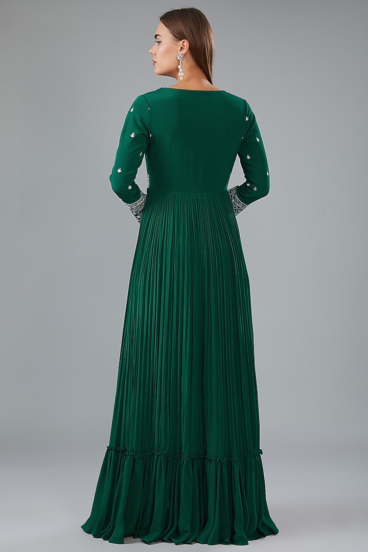 Green Crepe Aari Hand Embroidered Wedding Anarkali by HOUSE OF MAANSHREE at Pernia's Pop Up Shop