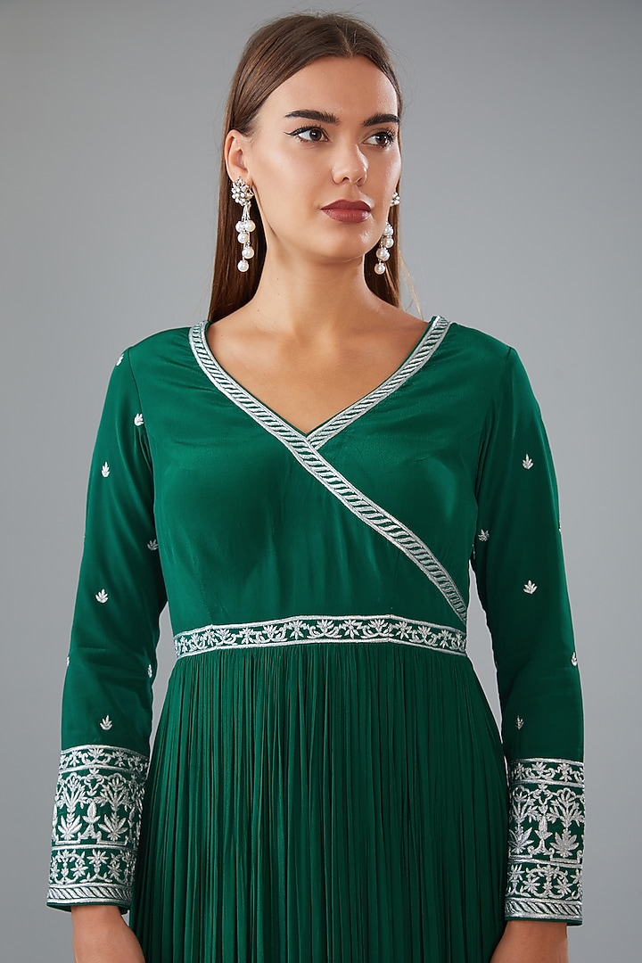 Green Crepe Aari Hand Embroidered Wedding Anarkali by HOUSE OF MAANSHREE at Pernia's Pop Up Shop