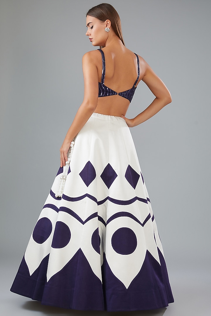 Blue & White Satin Silk Applique Hand Embroidered Wedding Lehenga Set by HOUSE OF MAANSHREE at Pernia's Pop Up Shop