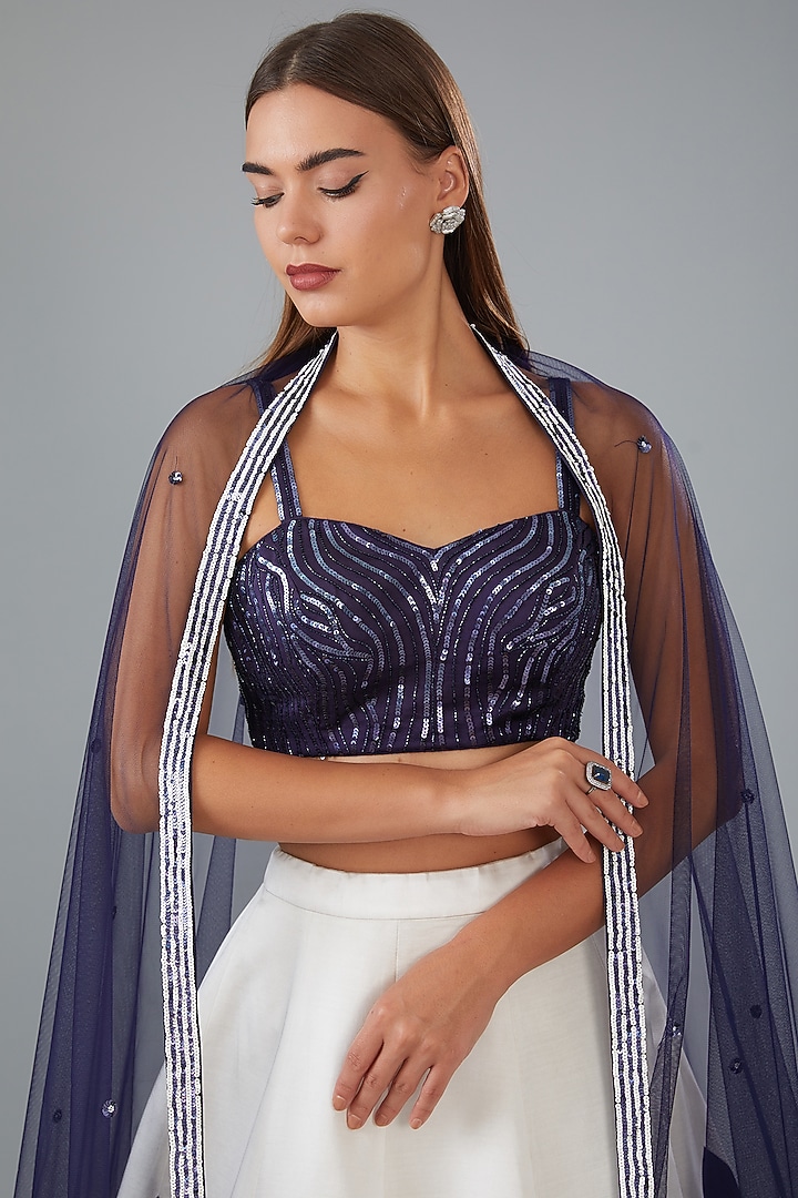 Blue & White Satin Silk Applique Hand Embroidered Wedding Lehenga Set by HOUSE OF MAANSHREE at Pernia's Pop Up Shop