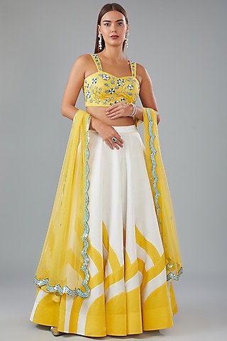 Yellow & White Satin Silk Applique Hand Embroidered Lehenga Set by HOUSE OF MAANSHREE
