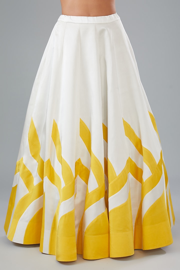 Yellow & White Satin Silk Applique Hand Embroidered Wedding Lehenga Set by HOUSE OF MAANSHREE at Pernia's Pop Up Shop