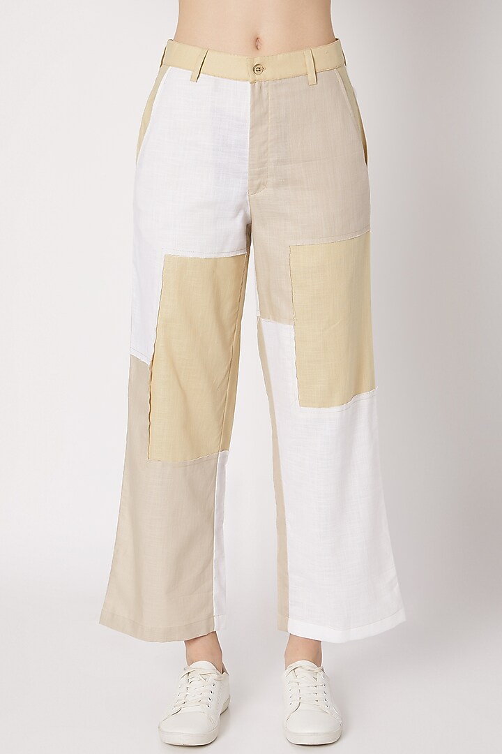 Beige Ankle Length Patchwork Pants by House of Sohn at Pernia's Pop Up Shop
