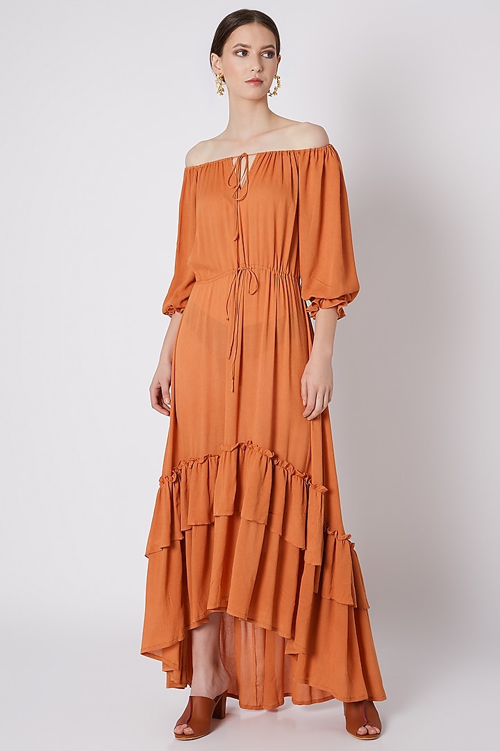 Orange Off-Shoulder Ruffled Dress by House of Sohn