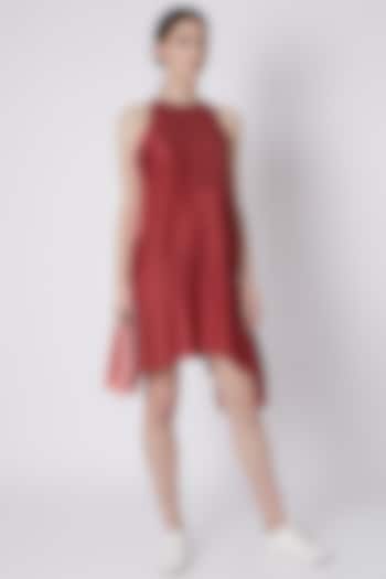 Red Handwoven Dress With Assymetrical Hemline by House of Sohn